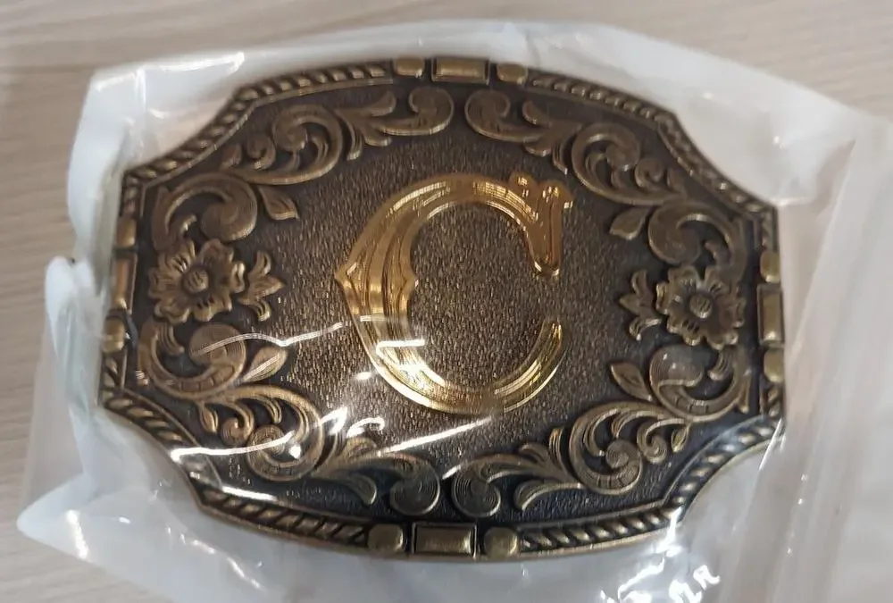 Western Cowboy Belt Buckle Initial C Floral Scroll Bronze Gold Tone 3 Inch